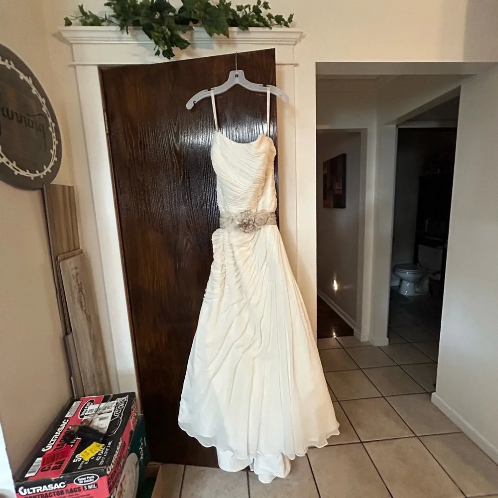 Beautiful ivory David's Bridal wedding dress size 16w/belt & wrap Style- 9V3540 - Picture 7 of 13